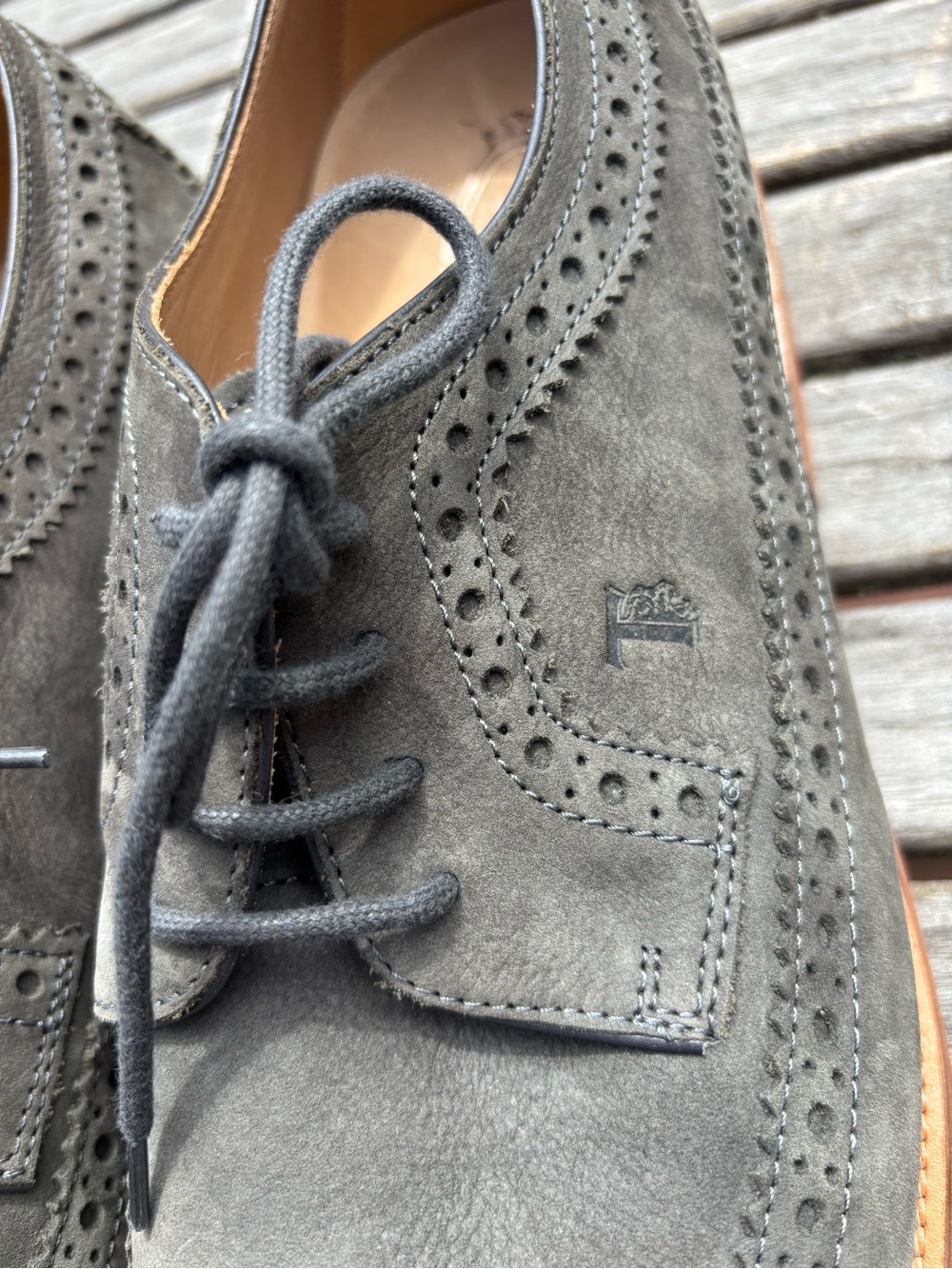 Tod’s Derby Bucature Wing Tip Lace Up Suede Oxfords Sage Green Size 11 - Picture 11 of 16